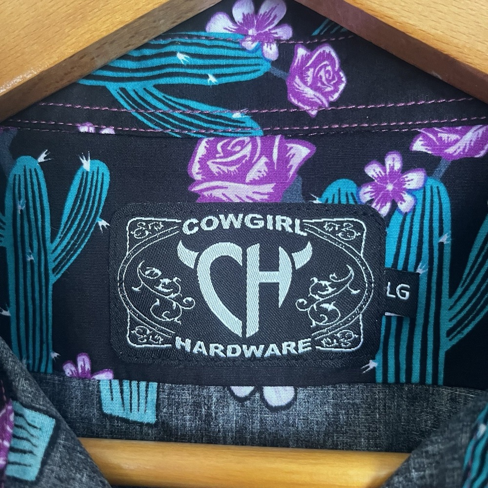 COWGIRL Hardware Black Colorful Cactus Rose Western Pearl Snap Shirt Size Large